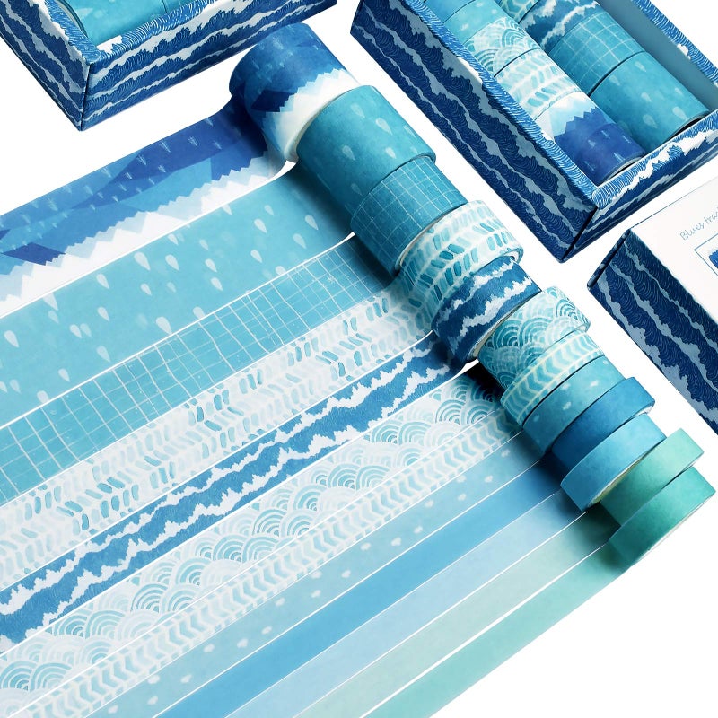 DAPUTOU Washi Tape Set of 12 Rolls,Blue Sea Wave Decorative Washi Masking Tape Sets for Craft,Kids,Scrapbook,DIY,Gift Wrapping - Image 1